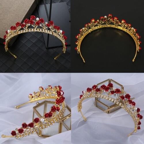 Crystal Tiaras Pearl Crown Hair Hoop Rose Decorative Headpiece for Bridal Kids