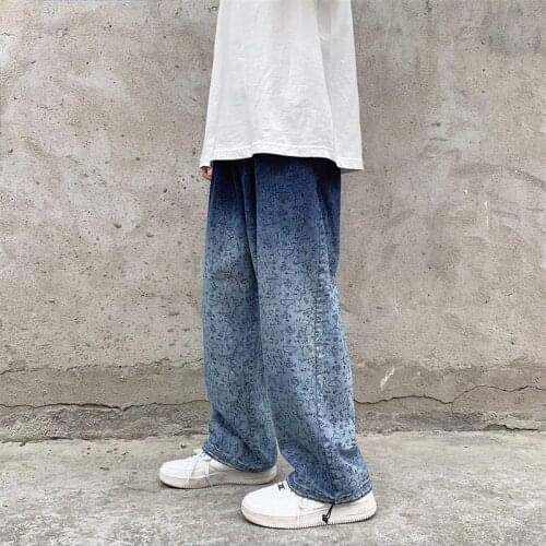 Autumn Winter Retro Gradient Print Jeans Men Streetwear Straight Pants Fashion Baggy Casual Ankle-banded Denim Pants Trousers