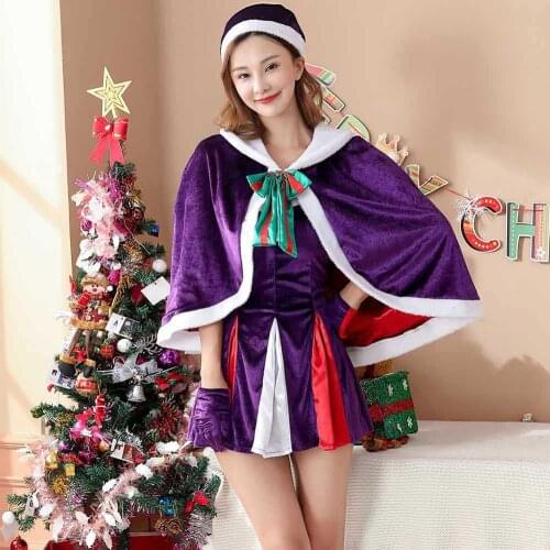 Purple Velvet Christmas Sexy Women Dress Xmas Santa Claus Fancy Dresses Cosplay Costumes Halloween Clothing Carnival Game Outfit