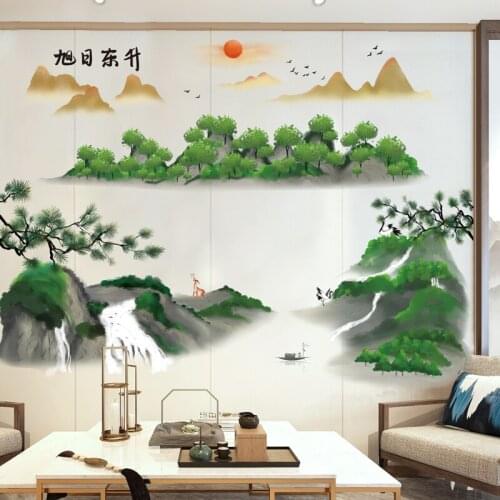 Chinese Style Ink Landscape Wall Sticker Living Room Bedroom Decor DIY Art Sunrise Scenery Wallpaper Large Mural Room Decoration