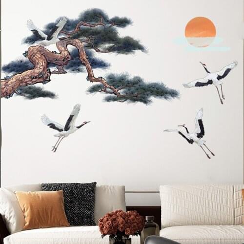 Chinese Style Ink Landscape Wall Stickers Pine Tree Flying Crane Painting Home Office Decor Living Room Wall Art Large Mural PVC