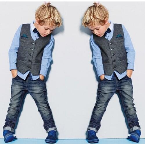 Wedding Party Boy Clothes Baby Boy Long-sleeved Gentleman Denim Suit Boys Fashion Vest Suit Set Children Spring Atunmn Clothing