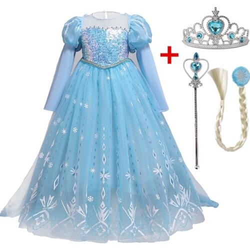Princess Costume for Girls Puffy Full Sleeve Halloween Party Dress for Girl Elsa Cosplay Children Dresses Kids Role-Play Vestido