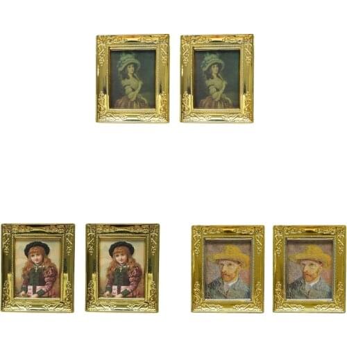 2Pcs 1:12 Scale Dollhouse Miniature Toy Picture Frame Doll Home Decor,Gold Frame Miniature Accessory