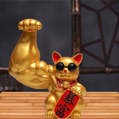 Muscle Arm Lucky Cat Ornaments Golden Resin Crafts Living Room Cute Animal Small Decoration Gift Creative Modern Home Decoration