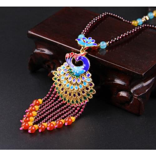 Natural Red Garnet Jade Beads Necklace Peacock Pendant Fine Jewelry Handmade Amulet Fashion Charm Gifts for Her Women