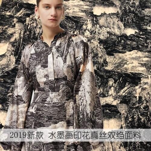 2019 new European and American style ink painting fabric 12mm natural silk crepe de Chine fabric drss skirt shirt DIY fabric