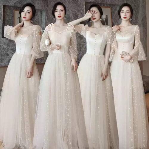 Bridesmaids Dresses Illusion V-Neck Full Spaghetti Straps Pearls Tulle Floor-Length Luxury Vintage Women Wedding Party Gown E480
