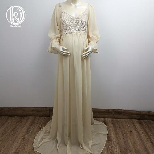 Don&Judy Baby Shower Maternity Dresses Long Sleeve Bohemia Beige Maternity Chiffon Dress Maxi Gown Pregnancy Photography Props
