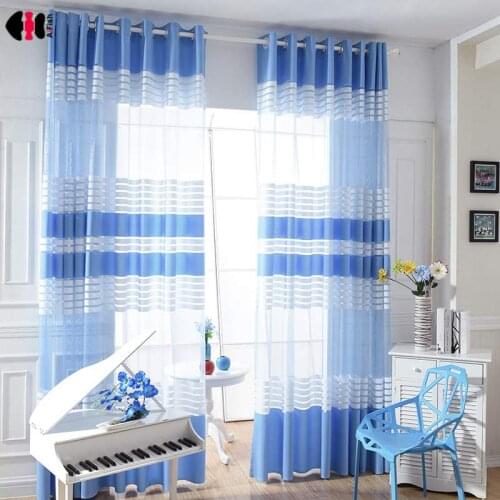 Striped Sheer Curtains for Bedroom Living Room Blue and White Twill Stripe Warp Knitting Voile Parlor Sliding Door Drapes