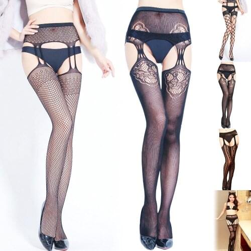 Sexy suspender Stocking high knee socks open crotch Pantyhose hold on Lady crotchless Tights sex Lace erotic for women wholesale