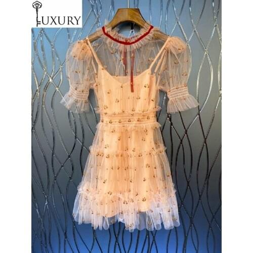 2020 Mesh High Quality Summer Sexy Club Ladies Exquisite Prints Short Sleeve Slim Fitted A-Line Dress Sweet Cute Girls