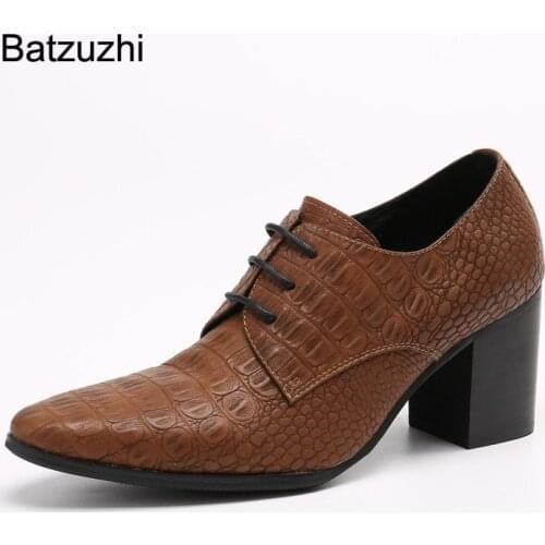 Batzuzhi 7.5cm High Heels Shoes Men Pointed Toe Brown Genuine Leather Dress Shoes Men Lace-up Fashion Party Shoes Zapatos Hombre