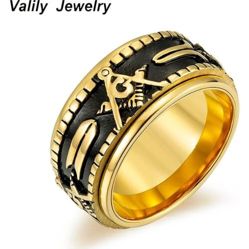 Valily Mens Gold Color Spinner Freemason Ring Stainless Steel Rune Rotating Ring Mason Masonic Rings Jewelry for Man Gift