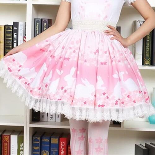 Pink Bunny & Cherry blossoms Print Lolita Skirt Soft Sister Cartoon Rabbit Pleated Princess Lace Romantic Girl Skirts for Women