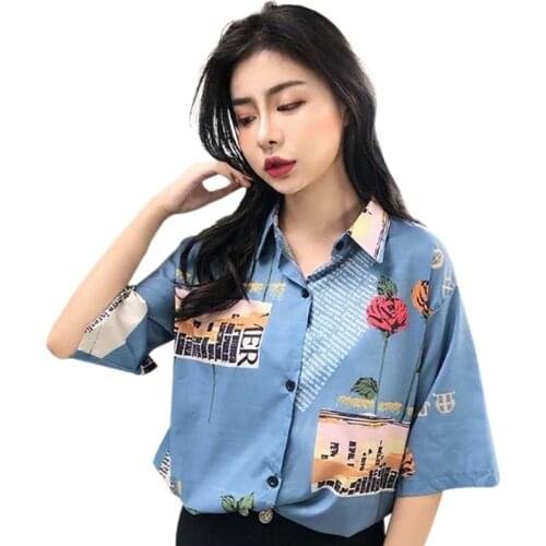Women Short Sleeve Retro Shirt Korean Style Print Rose Harajuku Streetwear Women Chiffon Blouses Summer Tops