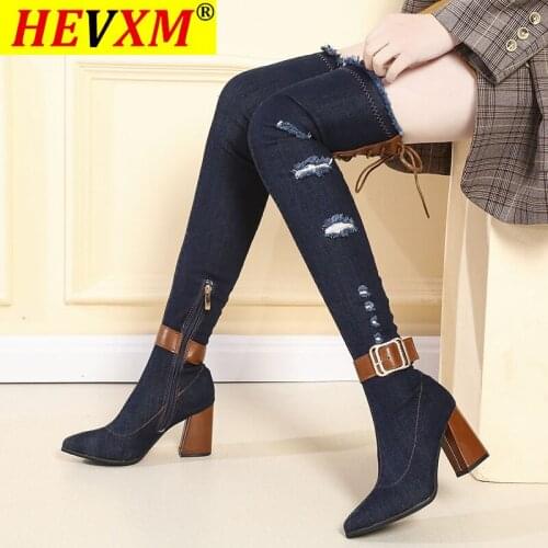 2021 Sexy Women Slim Thigh High Denim Boots Spring 2021 Chunky High Heels Shoes Woman Casula Cowboy Over The Knee Botas Mujer