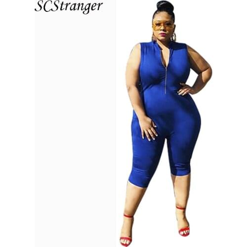 SCStranger Women Jumpsuits Rompers Summer 2021 Solid Color Front Zipper Jumpsuit Sleeveless Plus Size Slim Sexy Womens Clothing