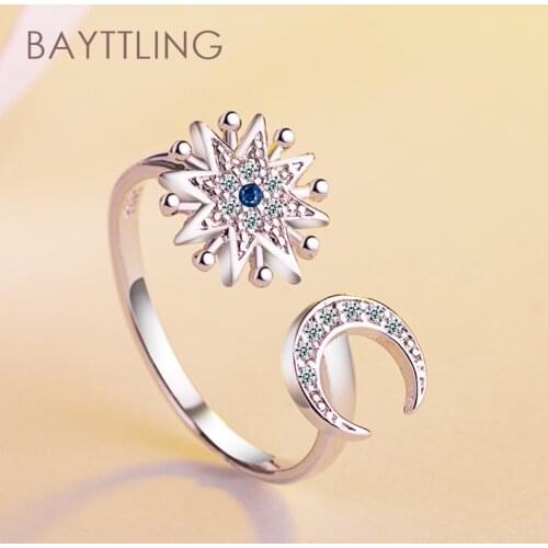 BAYTTLING 925 Sterling Silver Shining Star Moon Zircon Open Ring For Woman Fashion Glamour Wedding Jewelry Gift