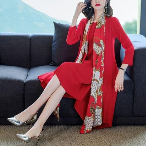 Spring Black Bodycon Long Sleeve Pleated Midi Dress Autumn Red Vintage Scarf Two Piece Dress 2021 Women Elelgant Casual Vestidos