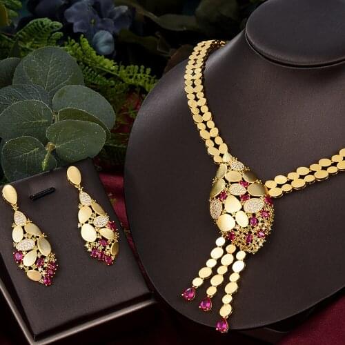 Brand Dubai Italian 2PCS Shiny Gold Necklace Earrings for Noble Luxury Women Bridal Wedding Party Show Jewelry Sets african