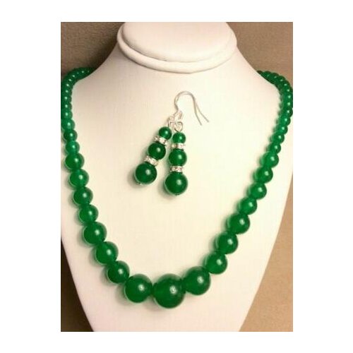 Free shipping 6-14mm Natural Green Jade Gemstones Round Beads Necklace + Earrings Set 18" AAA