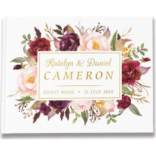 Personalized Burgundy Wedding Guest Book,Flower Wedding Sign,Book Floral White Guest Book Photo Album,Custom Wedding Guestbook