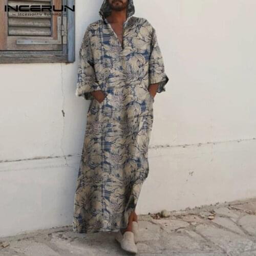 Loose Long Sleeve V Neck Muslim Kaftan Robes Vintage Hooded Robes INCERUN Mens Print Jubba Thobe Big Pocket Abaya Clothing 5XL 7