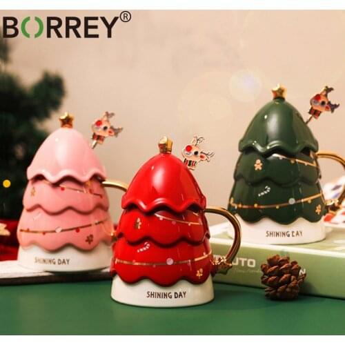 BORREY Ceramic Coffee Mug With Lid Stirring Rod Christmas Tree Shaped Cup Creative Christmas Gift For Partners And Friends Mate