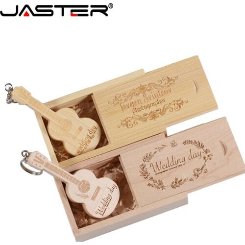 JASTER USB Flash Drive Wooden Guitar Pen Drive 128gb Pendrive 64gb 16gb 32gb Memory Stick U Disk Free customized logo wood box