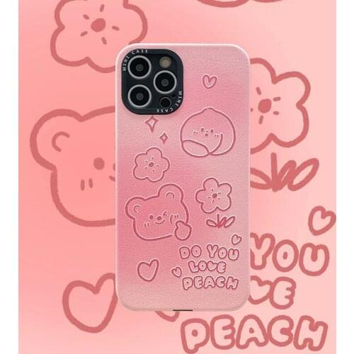 Leather Gradient Pink Bear Case for IPhone 11 12Pro Max Mini XR XS 7 8 Plus SE 2020 Phone Shell Shockproof Protective Back Cover