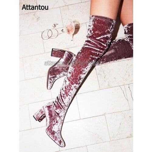 Sweet Pink Velvet Long Boots Women Over The Knee Fashion Young Girls Dress Boots Shiny Slim Fit Thin High Heels Shoes