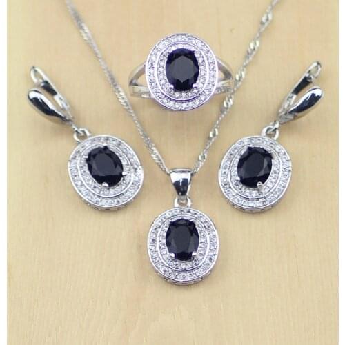 Trendy Black Crystal White CZ Jewelry Set Silver 925 Jewelry For Women Earrings/Pendant/Necklace/Rings Free Box T60