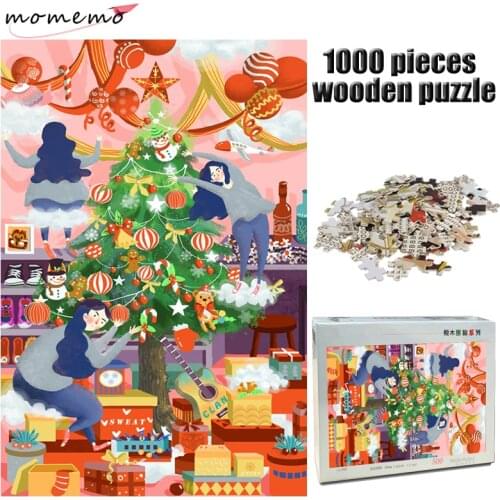 MOMEMO Christmas Eve Wooden Adult Jigsaw Puzzle 1000 Pieces Puzzle Cartoon Hand Painted Decompression Puzzle Game Toys for Kids