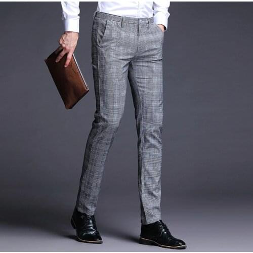 Stretch Plaid Dress Pants Men Slim Fit Men Suit Pants Length Formal Business Summer Suit Pants for men Trousers