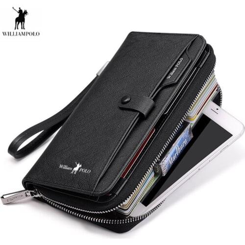 WILLIAMPOLO RFID Men Wallet genuine Leather business men zip long wallet 35 card Card Holder purse billetera hombre card wallet