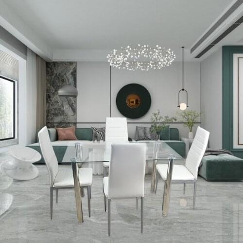 110cm Dining Table Set Tempered Glass Dining Table with 4pcs Creamy White Chairs for Living Room Dining Room Kitchen Furniture