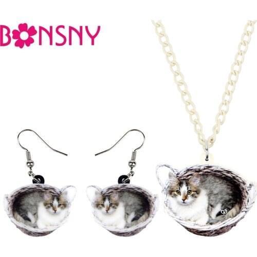 Bonsny Acrylic Sweet Basket Cat Kitten Jewelry Set Necklace Earrings Anime Pets Jewelry For Women Girl 2019 New Charms Gift Bulk