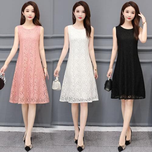 2021 New Summer Tank Dress Middle-aged Women Plus Size Sleeveless Black Pink Lace Midi Dresses for Women Femme M-5XL X71