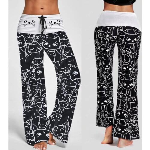 Autumn Winter Cute cat print wide-leg pants Women Casual Fashion Cat Prints Drawstring Pants Leggings women pants adjustable F4