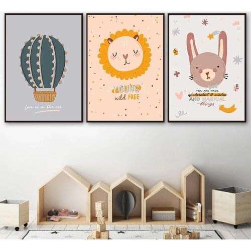 Nordic Cartoon Baby Animal Poster Rabbit Lion Lovely Nursery Wall Art Canvas Painting Kids Baby Room Decor Decoration Picture