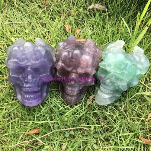Natural Fluorite Skull Crystal Carving Animal Ghost Quartz Figurine Healing Crystals Reiki Wiccan Spiritual Decor Feng Shui Gift