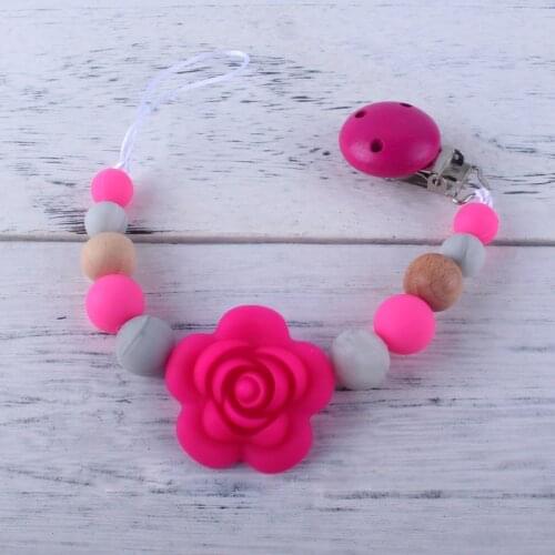 Wood Baby Pacifier Clips Holder Chain Teething Silicone Pacifier Chains Holder Flower Baby Teether Dummy Clips