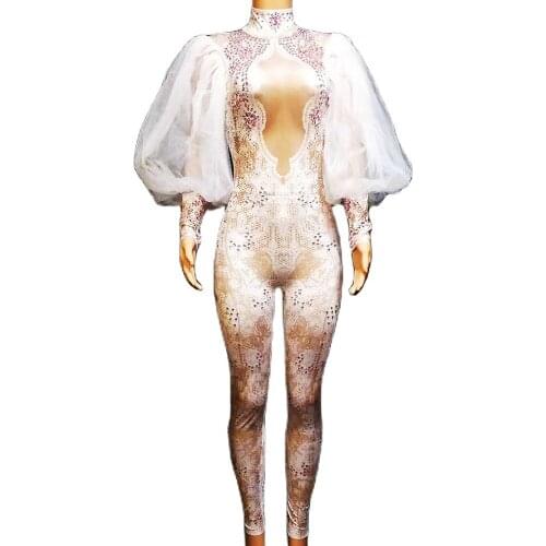 Shining Diamonds Women White Net Yarn Jumpsuits Lace Print One Piece Performance Stage Costume Evening Prom Outfit