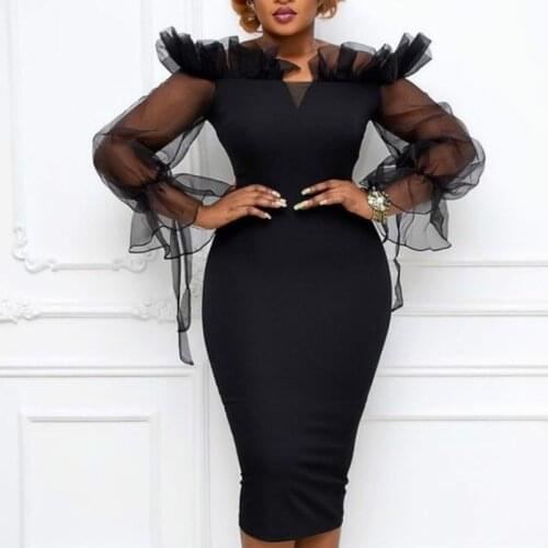 Sexy Off Shoulder Black Party Dress See-through Sleeve Ruffles Bodycon Tight Dresses Spring Summer Birthday Dress for Women XL