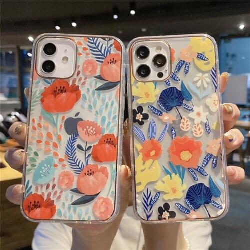 Vintage Plating Flower Phone Case for iPhone 12 Pro Max 11 12 Mini XR XS Max X 7 8 Plus Transparent Floral Bumper Tpu Back Cover