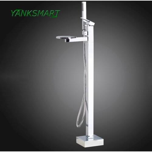 YANKSMART Bathroom Bathtub Chrome Polished Waterfall Shower Mixer Faucet +Handheld Sparyer floor mount free standing tap