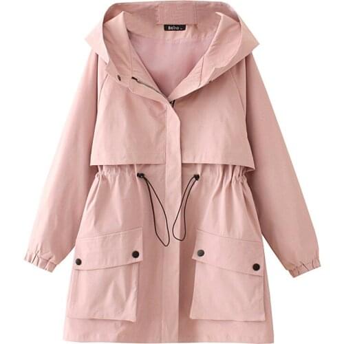 Women Casual Windbreaker Long Sleeve Zipper Hooded Outwear Solid Color Double Pocket Outerwear Spring Autumn Female Trench Coat