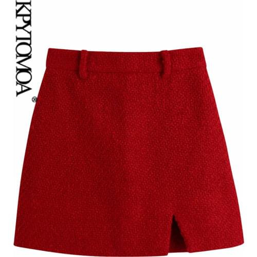 KPYTOMOA Women 2021 Chic Fashion With Front Slit Tweed Mini Skirt Vintage High Waist Side Zipper Female Skirts Mujer