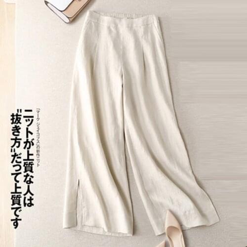 Spring Summer Arts Style Women Elastic Waist Ankle-length Loose Pants 100% Linen Vintage Casual Wide Leg Pants Plus Size S971